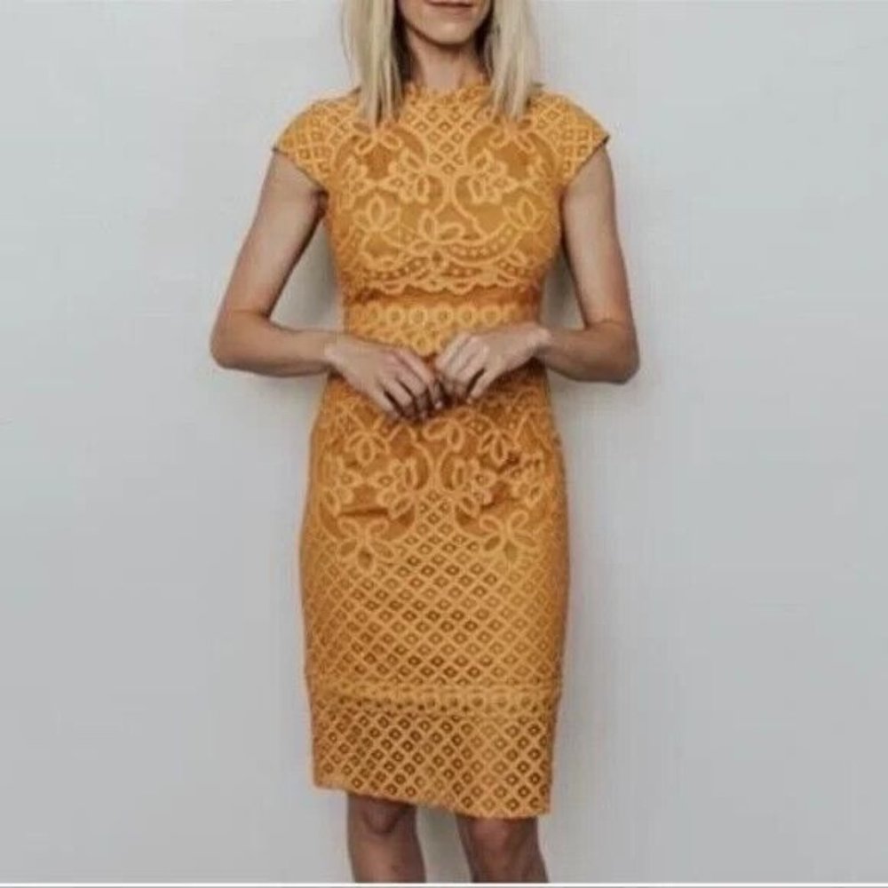 BALTIC BORN ARIA COLUMN dress shift sheath cap sleeve crochet lace goldenrod S